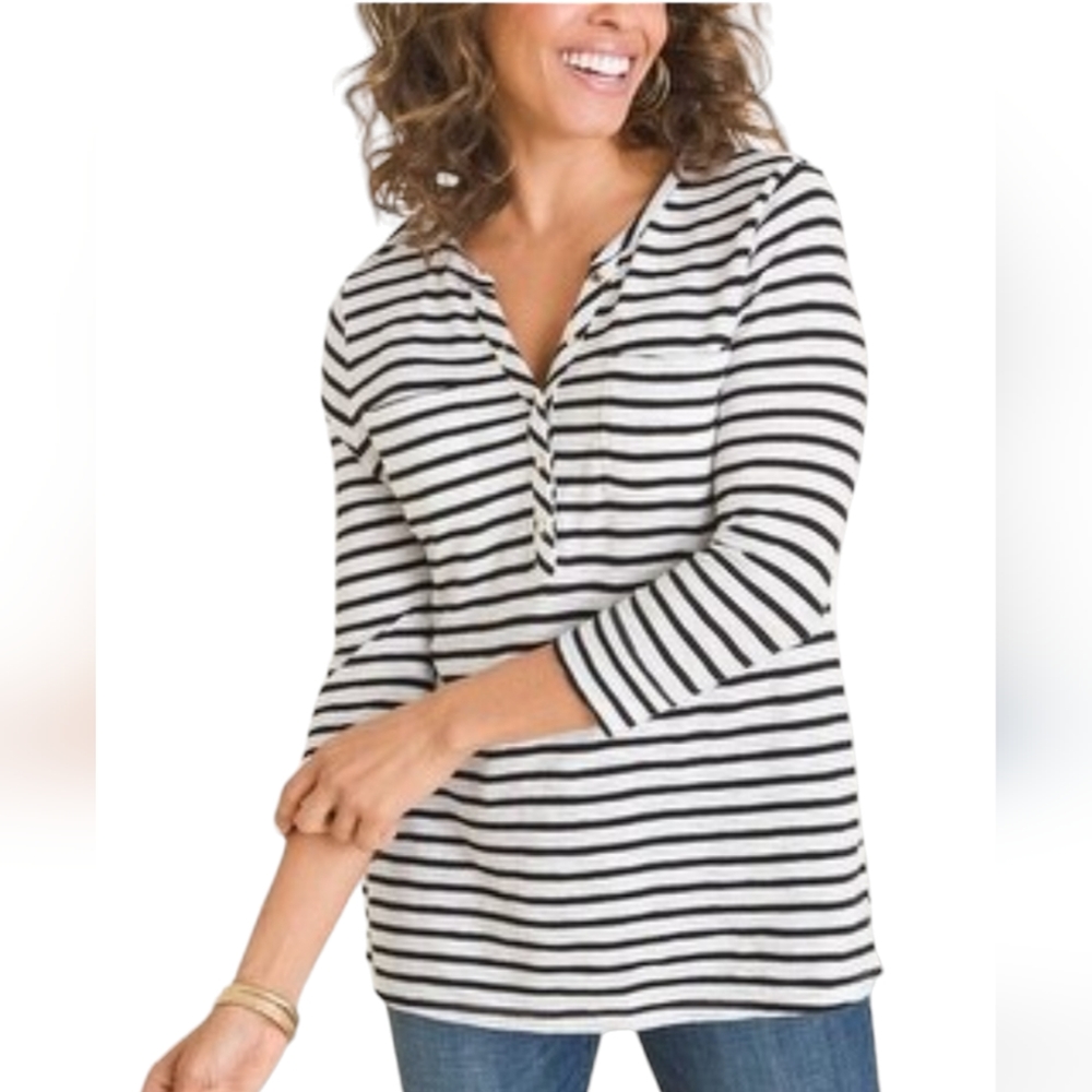 Chico's Women's Cotton Blend Slub Black White‎ Striped 3/4 Sleeve Top Small